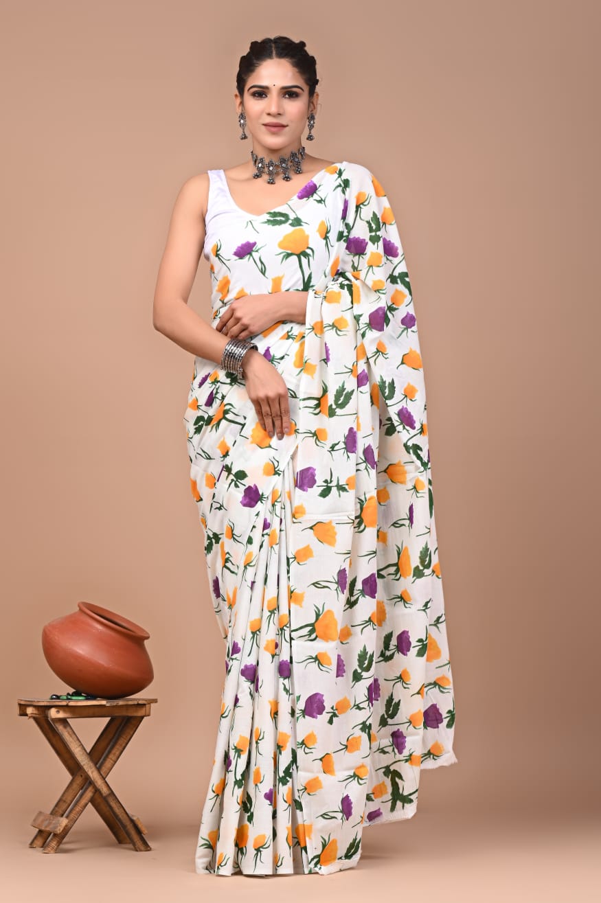 Bagru Block Print Cotton Mulmul Saree with Running Blouse - Default