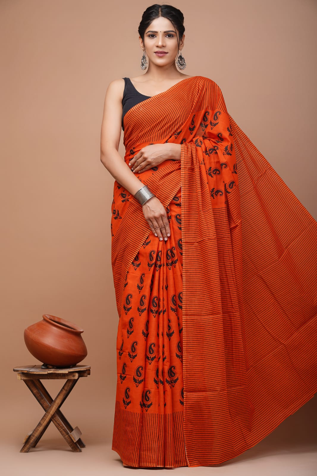 Bagru Block Print Cotton Mulmul Saree with Running Blouse - Default