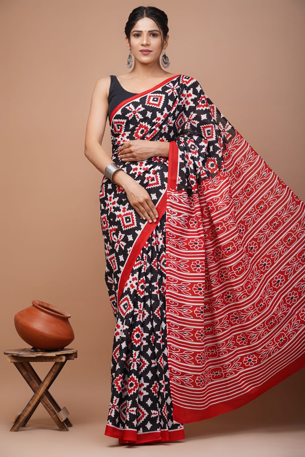 Bagru Block Print Cotton Mulmul Saree with Running Blouse - Default
