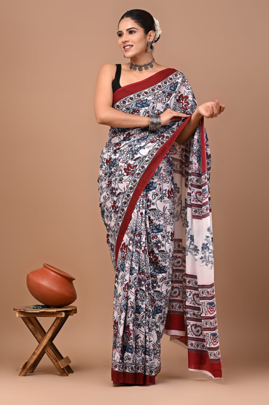 Bagru Block Print Cotton Mulmul Saree with Running Blouse - Default