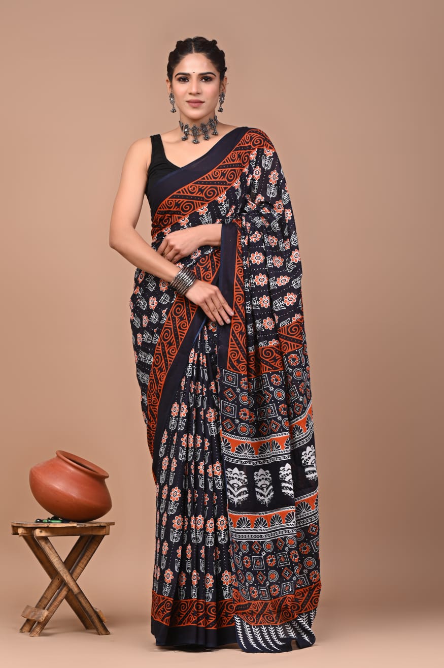 Bagru Block Print Cotton Mulmul Saree with Running Blouse - Default