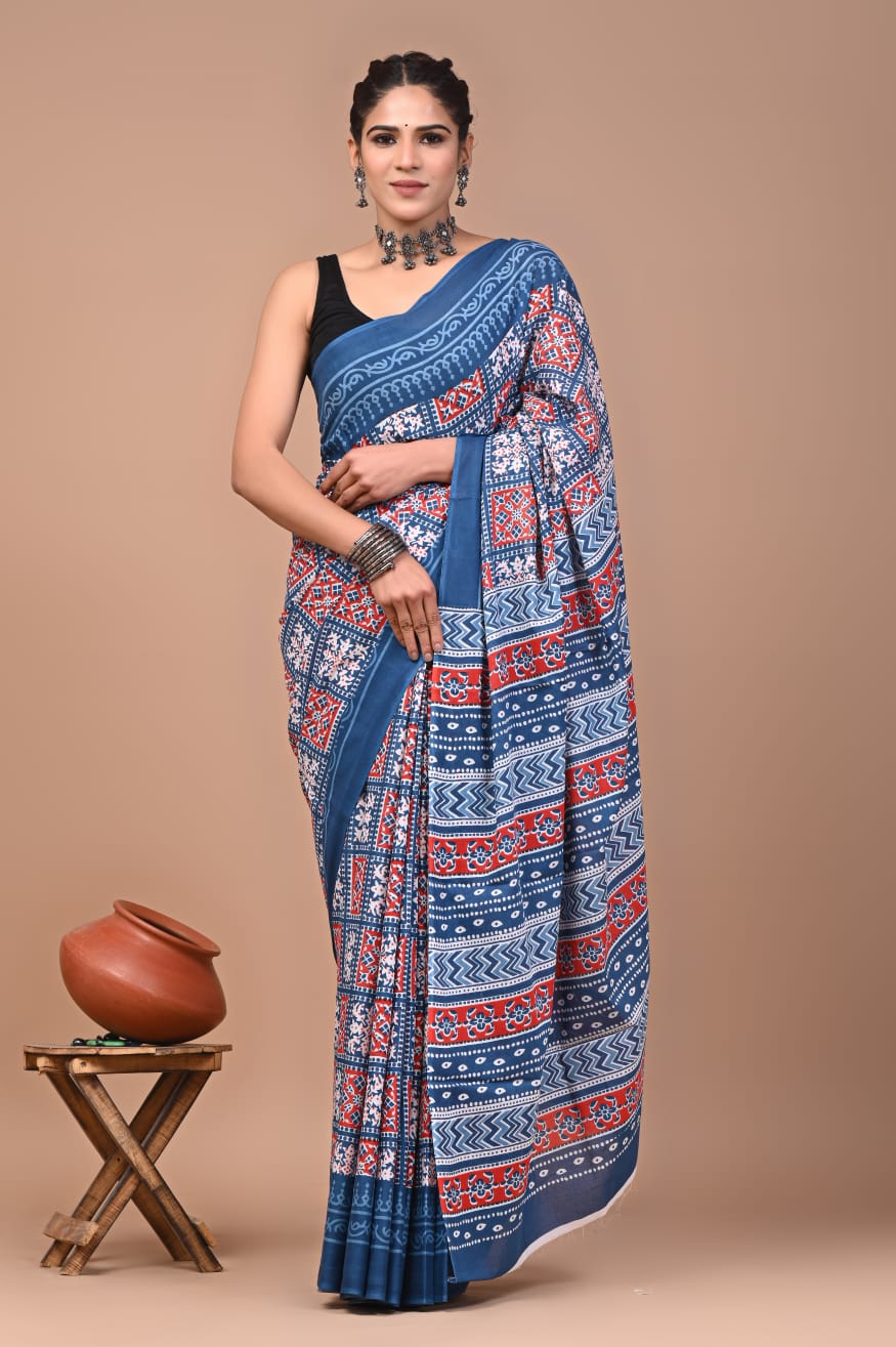 Bagru Block Print Cotton Mulmul Saree with Running Blouse - Default