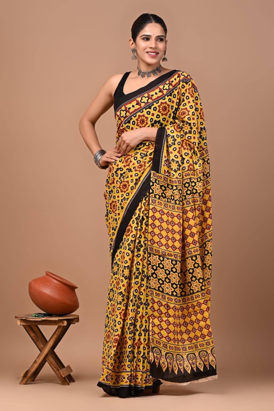 Bagru Block Print Cotton Mulmul Saree with Running Blouse - Default