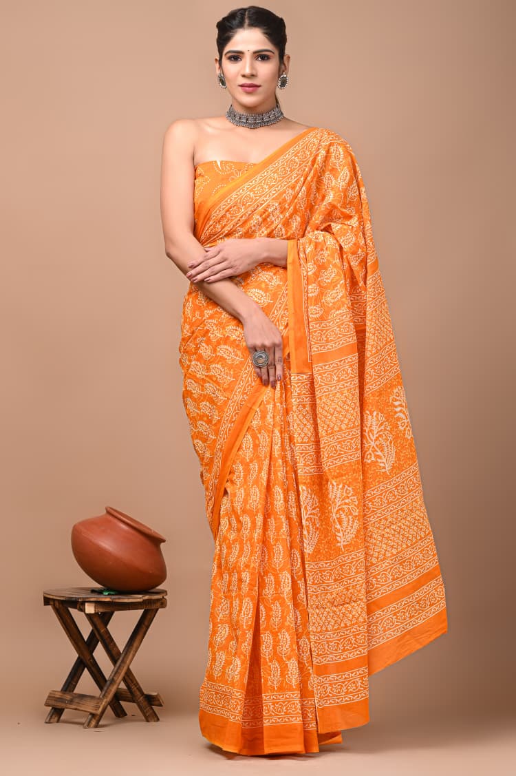 Bagru Block Print Cotton Mulmul Saree with Running Blouse - Default