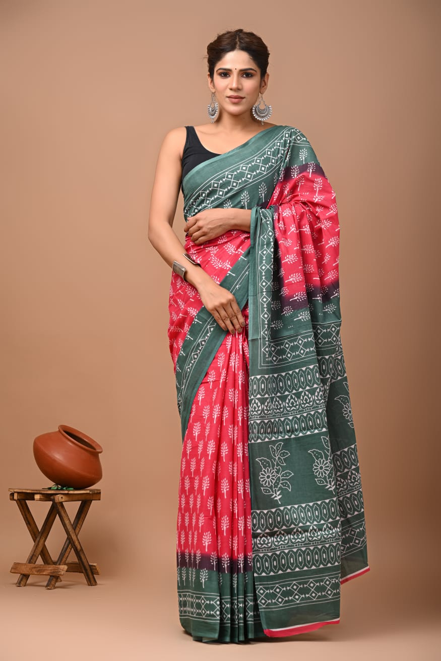 Bagru Block Print Cotton Mulmul Saree with Running Blouse - Default