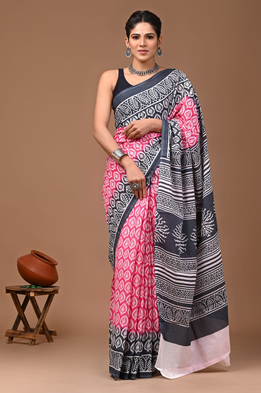 Bagru Block Print Cotton Mulmul Saree with Running Blouse - Default