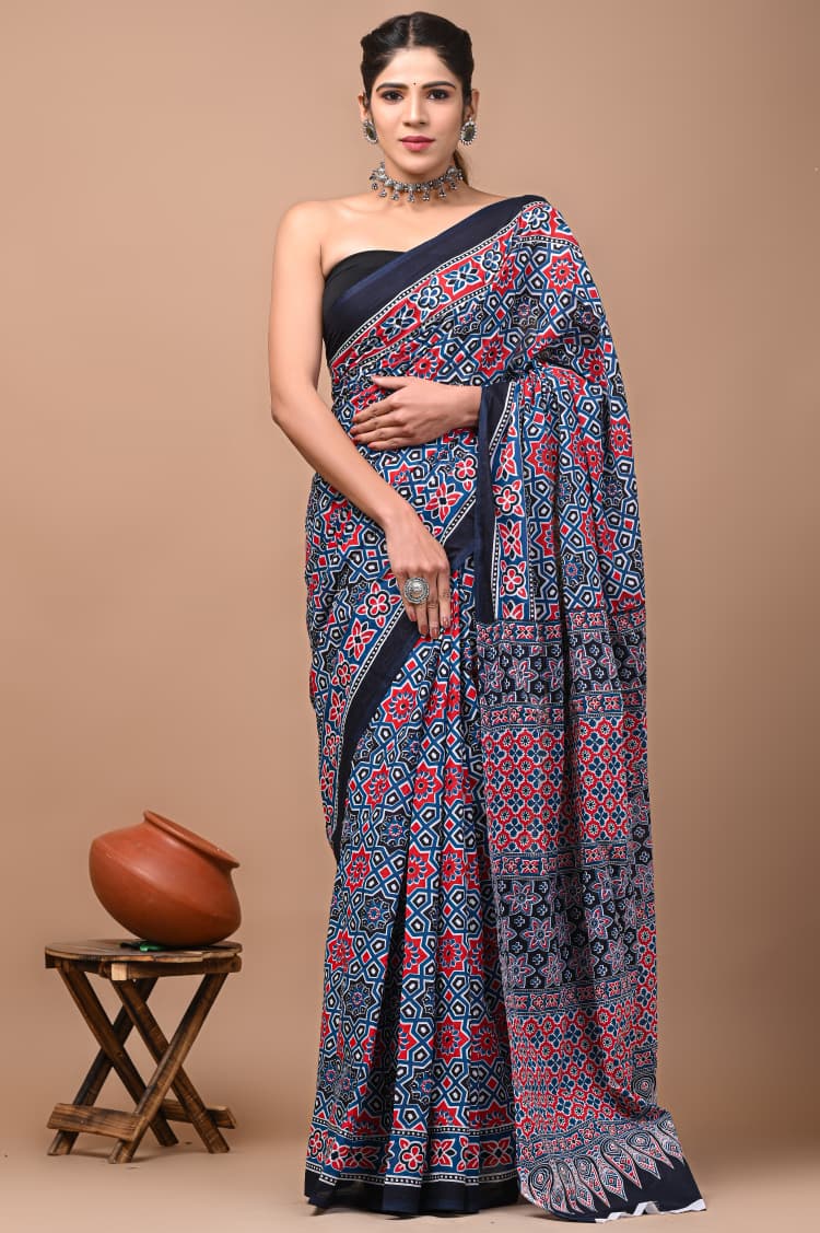 Bagru Block Print Cotton Mulmul Saree with Running Blouse - Default
