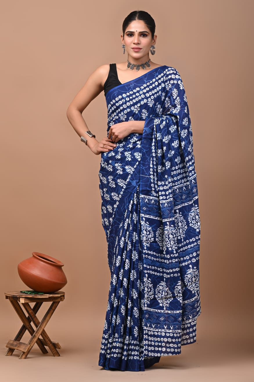 Bagru Block Print Cotton Mulmul Saree with Running Blouse - Default
