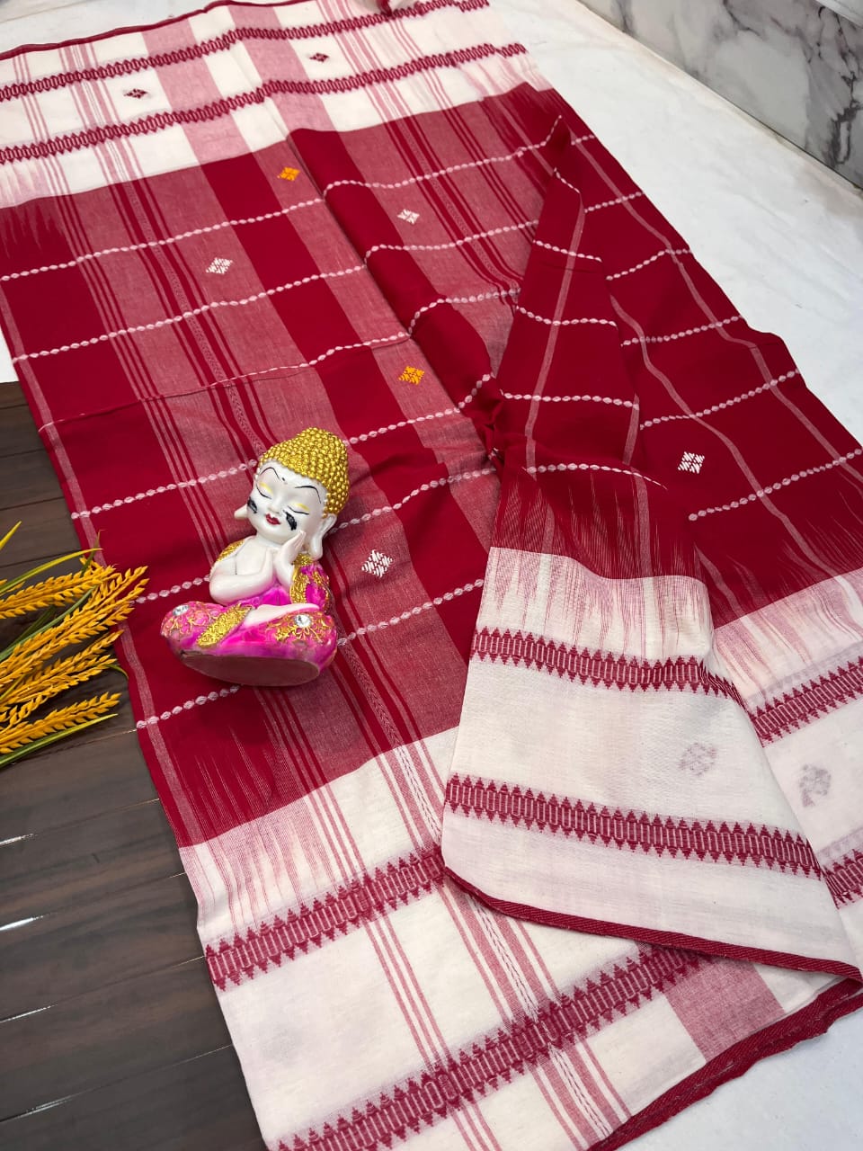 Authentic Dhaniakhali Cotton Saree with Allover Hand Work – 100 Count Pure Cotton - Default