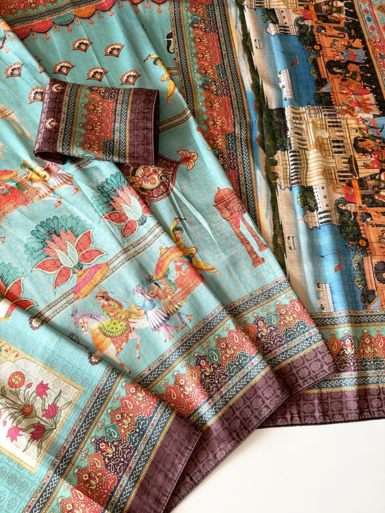 Premium Soft Silk Jacquard Saree with Digital Position Print & Zari Weaving - Sky with Wine border