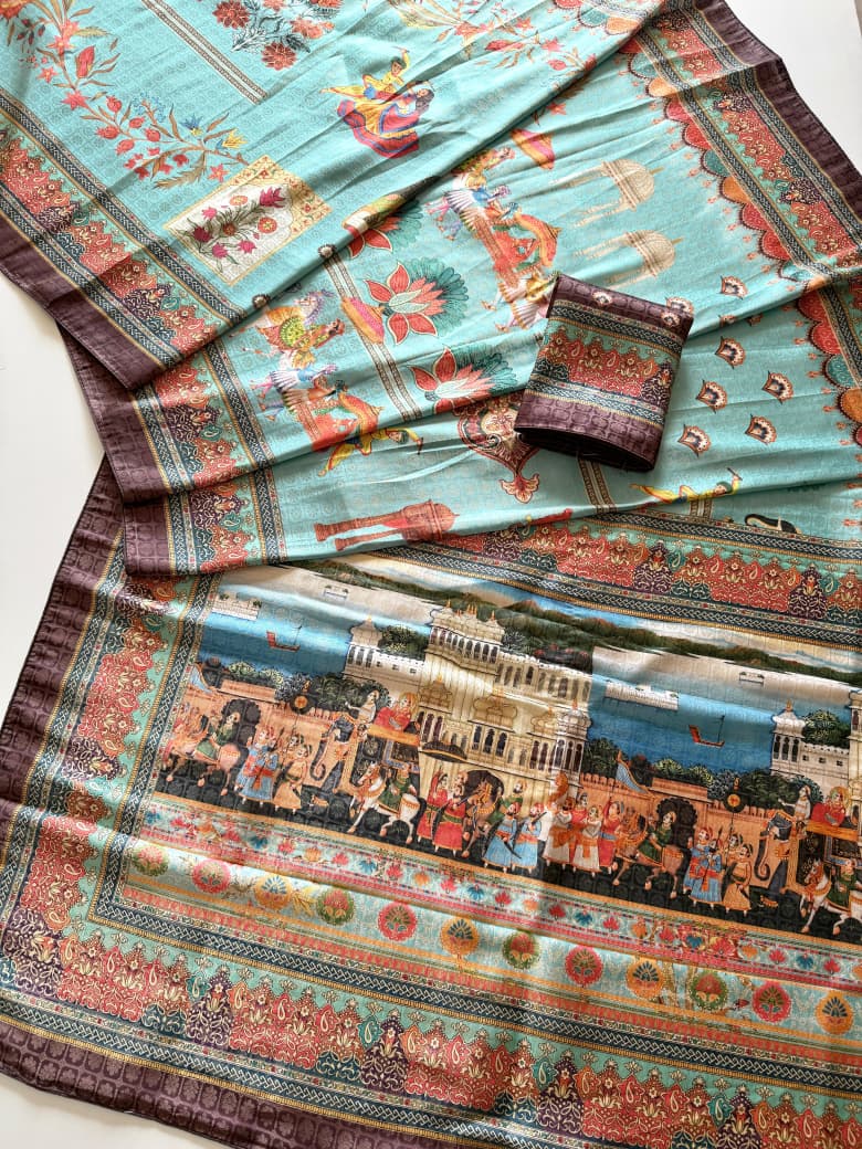 Premium Soft Silk Jacquard Saree with Digital Position Print & Zari Weaving - Sky with Wine border