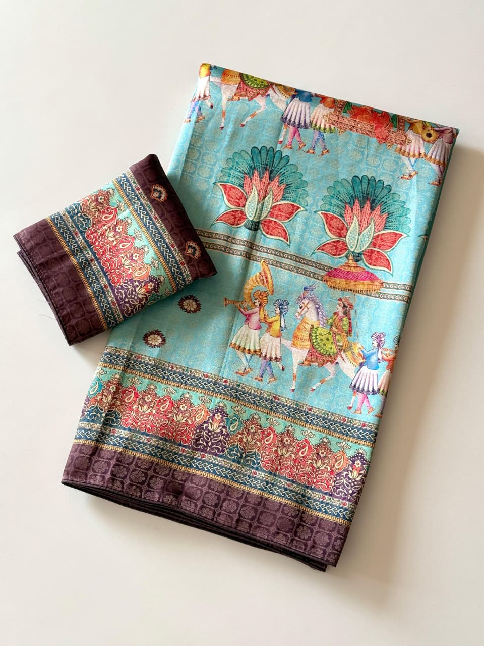 Premium Soft Silk Jacquard Saree with Digital Position Print & Zari Weaving - Sky with Wine border