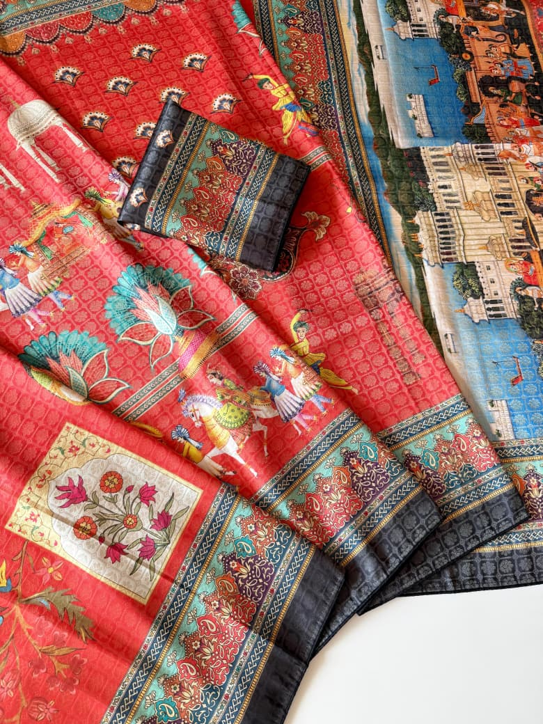 Premium Soft Silk Jacquard Saree with Digital Position Print & Zari Weaving - Orange with Black boder