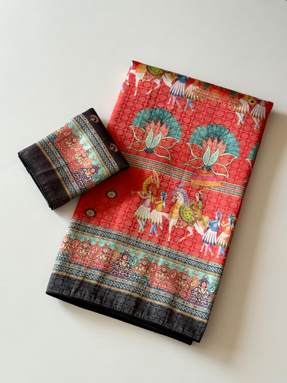 Premium Soft Silk Jacquard Saree with Digital Position Print & Zari Weaving - Orange with Black boder