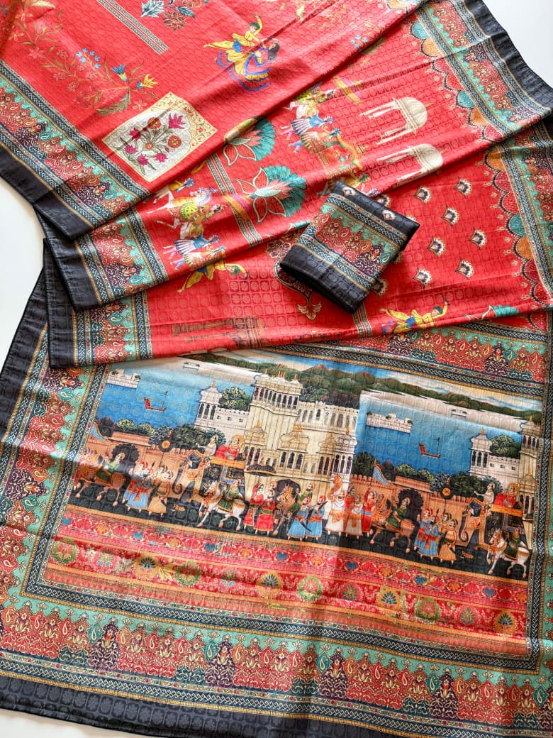 Premium Soft Silk Jacquard Saree with Digital Position Print & Zari Weaving - Orange with Black boder