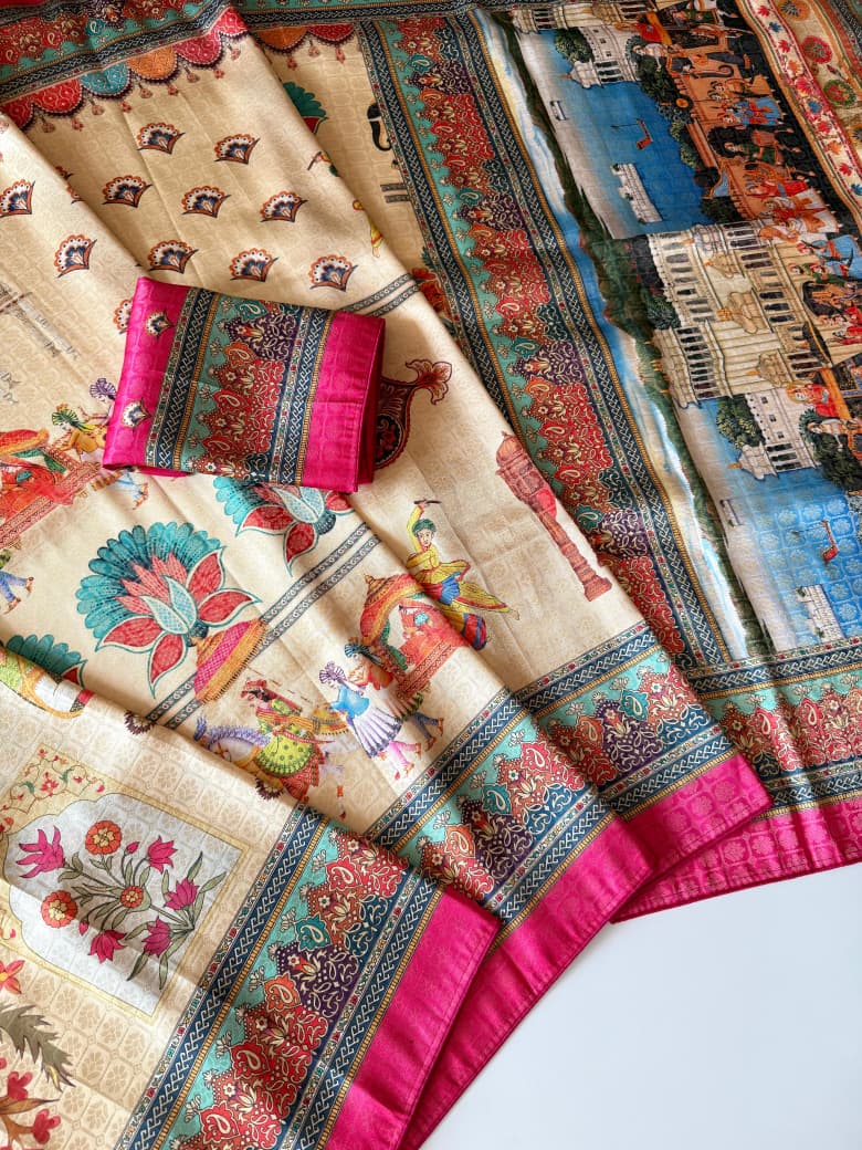 Premium Soft Silk Jacquard Saree with Digital Position Print & Zari Weaving - Off White with Pink border