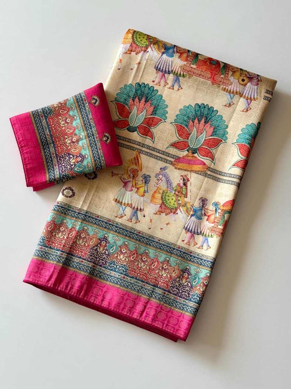 Premium Soft Silk Jacquard Saree with Digital Position Print & Zari Weaving - Off White with Pink border