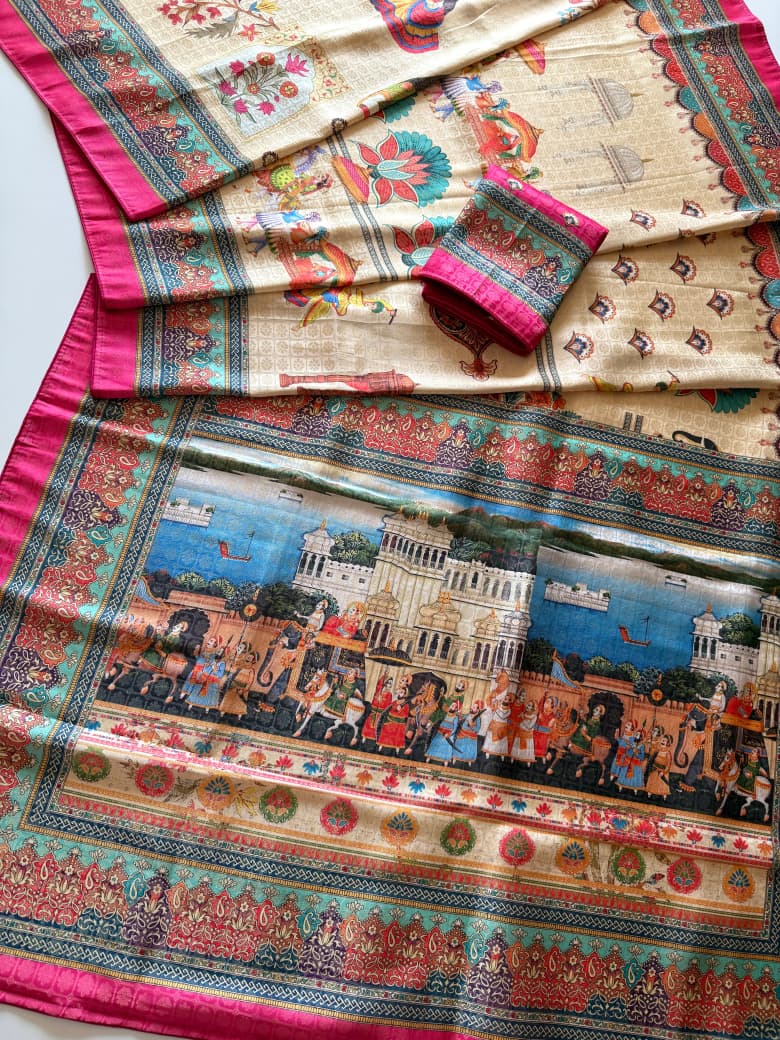 Premium Soft Silk Jacquard Saree with Digital Position Print & Zari Weaving - Off White with Pink border