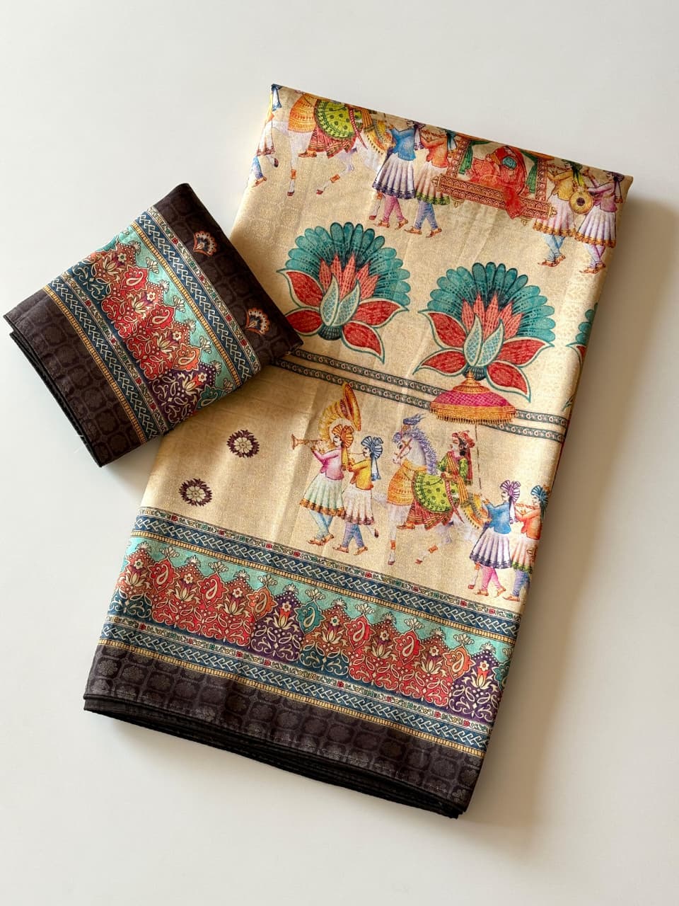 Premium Soft Silk Jacquard Saree with Digital Position Print & Zari Weaving - Off White with Black border