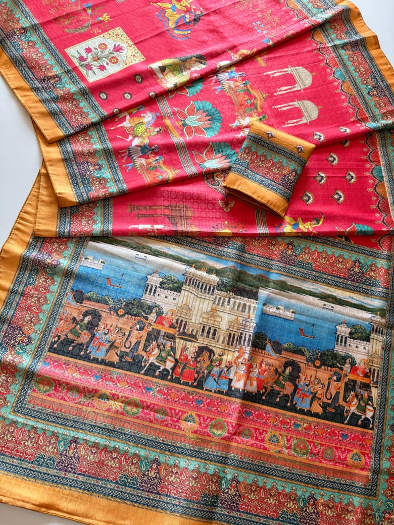 Premium Soft Silk Jacquard Saree with Digital Position Print & Zari Weaving - Pink with Orange border