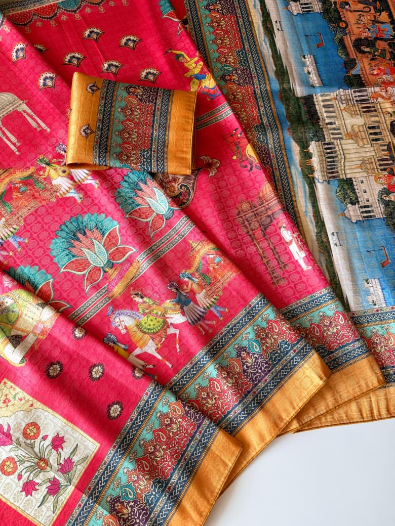 Premium Soft Silk Jacquard Saree with Digital Position Print & Zari Weaving - Pink with Orange border