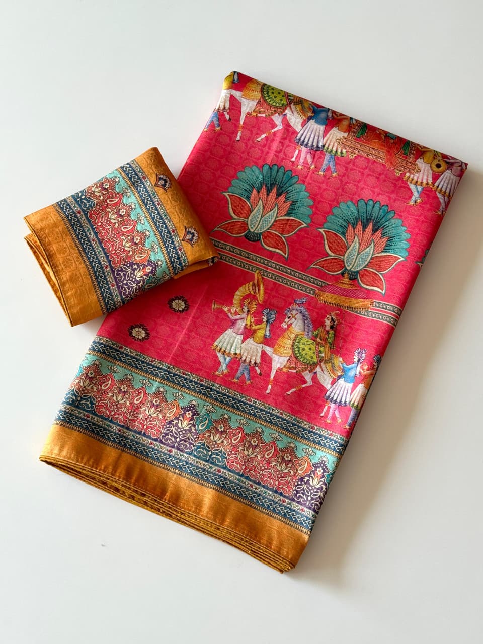 Premium Soft Silk Jacquard Saree with Digital Position Print & Zari Weaving - Pink with Orange border