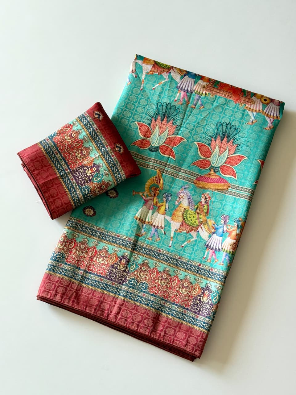Premium Soft Silk Jacquard Saree with Digital Position Print & Zari Weaving - Sky with Maroon border