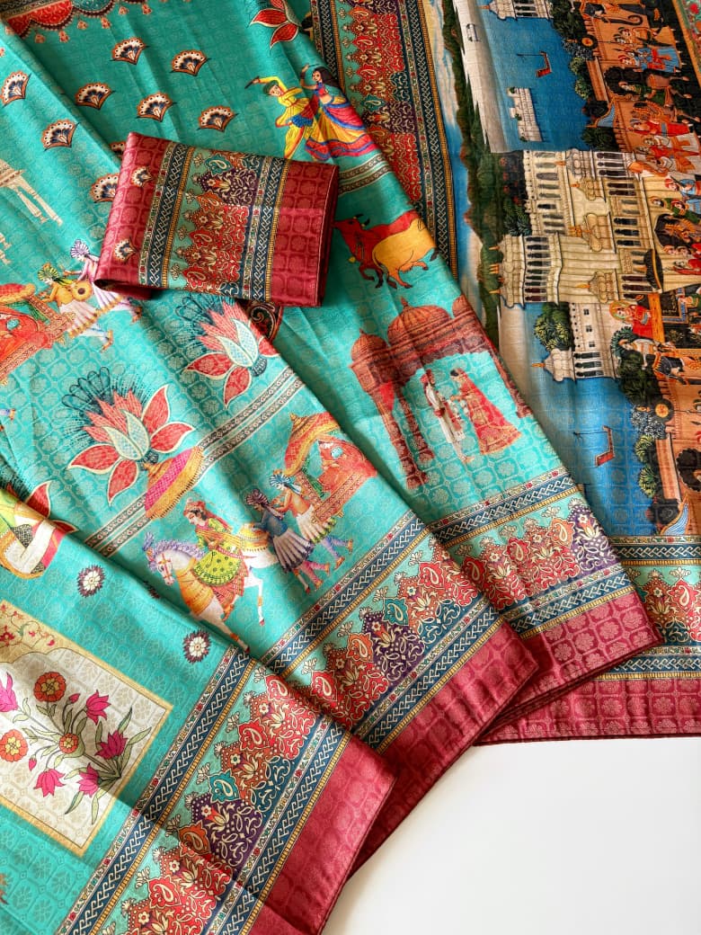 Premium Soft Silk Jacquard Saree with Digital Position Print & Zari Weaving - Sky with Maroon border