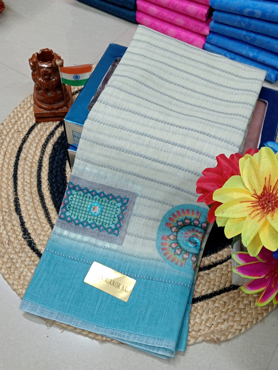 Mirror Work Linen Cotton Sarees – Elegant & Comfortable Daily Wear - Sky