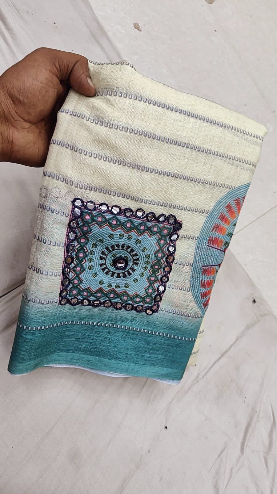 Mirror Work Linen Cotton Sarees – Elegant & Comfortable Daily Wear - Sky