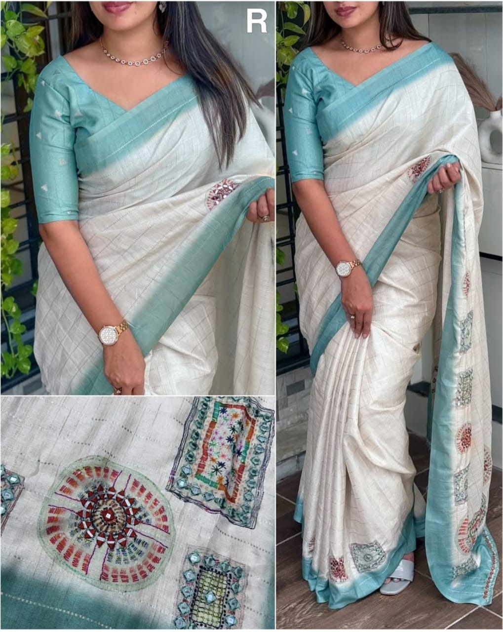 Mirror Work Linen Cotton Sarees – Elegant & Comfortable Daily Wear - Sky