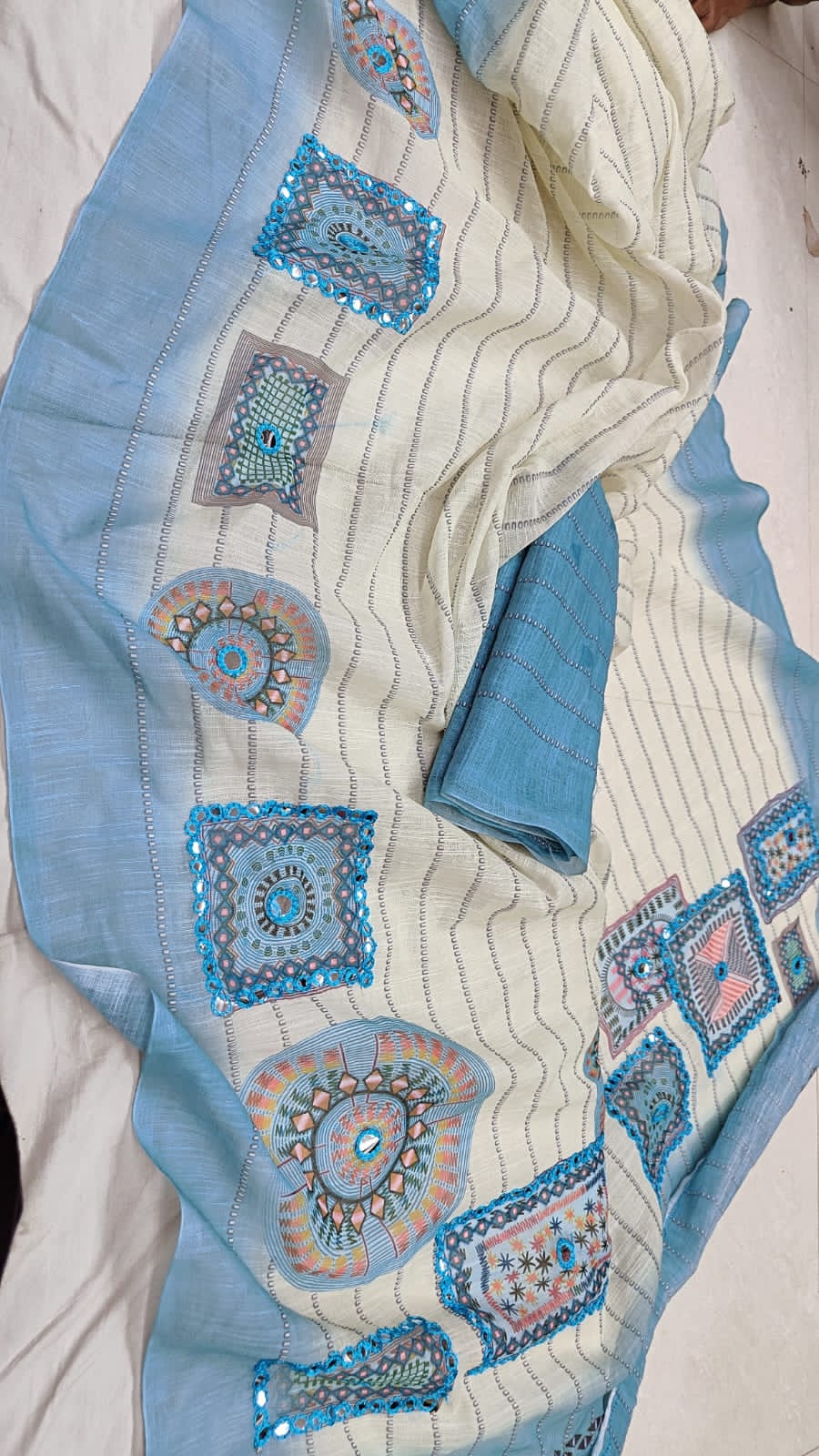 Mirror Work Linen Cotton Sarees – Elegant & Comfortable Daily Wear - Sky