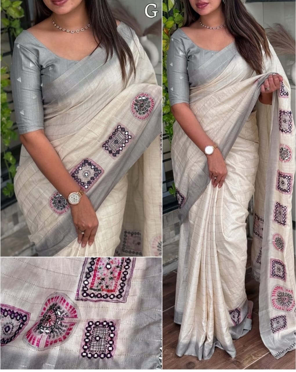 Mirror Work Linen Cotton Sarees – Elegant & Comfortable Daily Wear - Grey