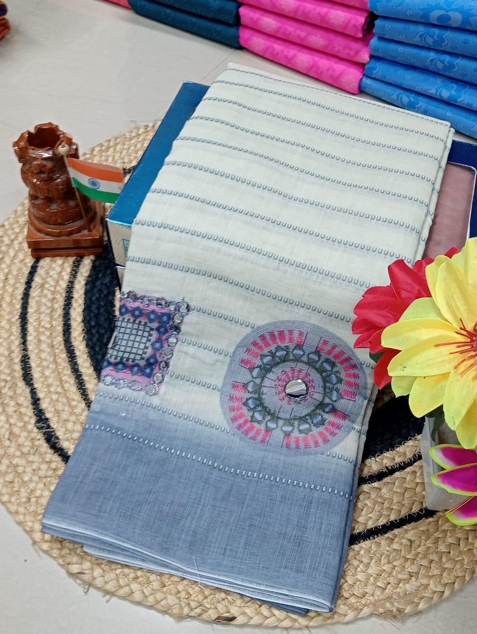 Mirror Work Linen Cotton Sarees – Elegant & Comfortable Daily Wear - Grey