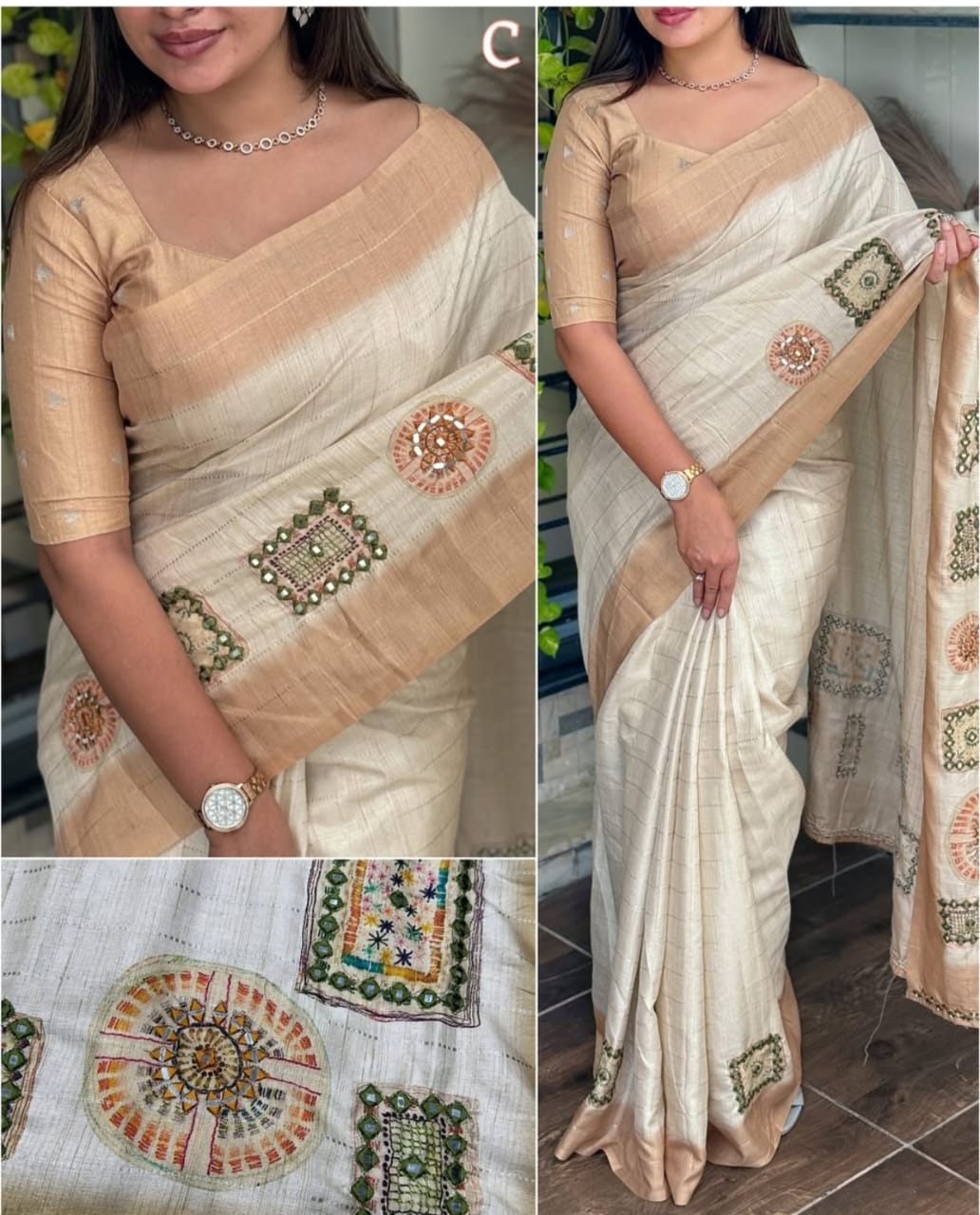 Mirror Work Linen Cotton Sarees – Elegant & Comfortable Daily Wear - Beige