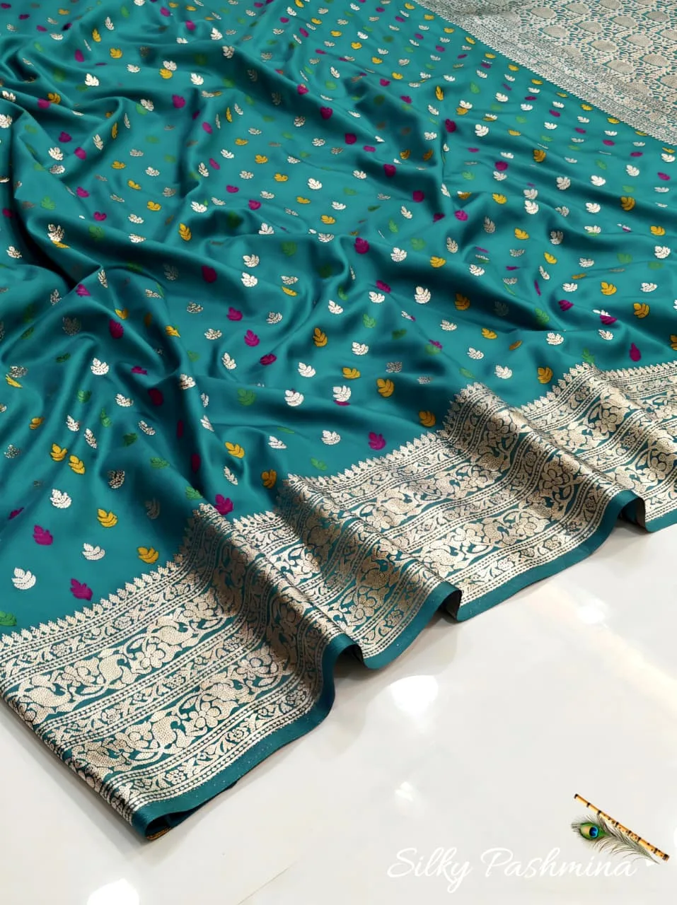 Premium Silky Pashmina with Mina Work - Ocean Blue
