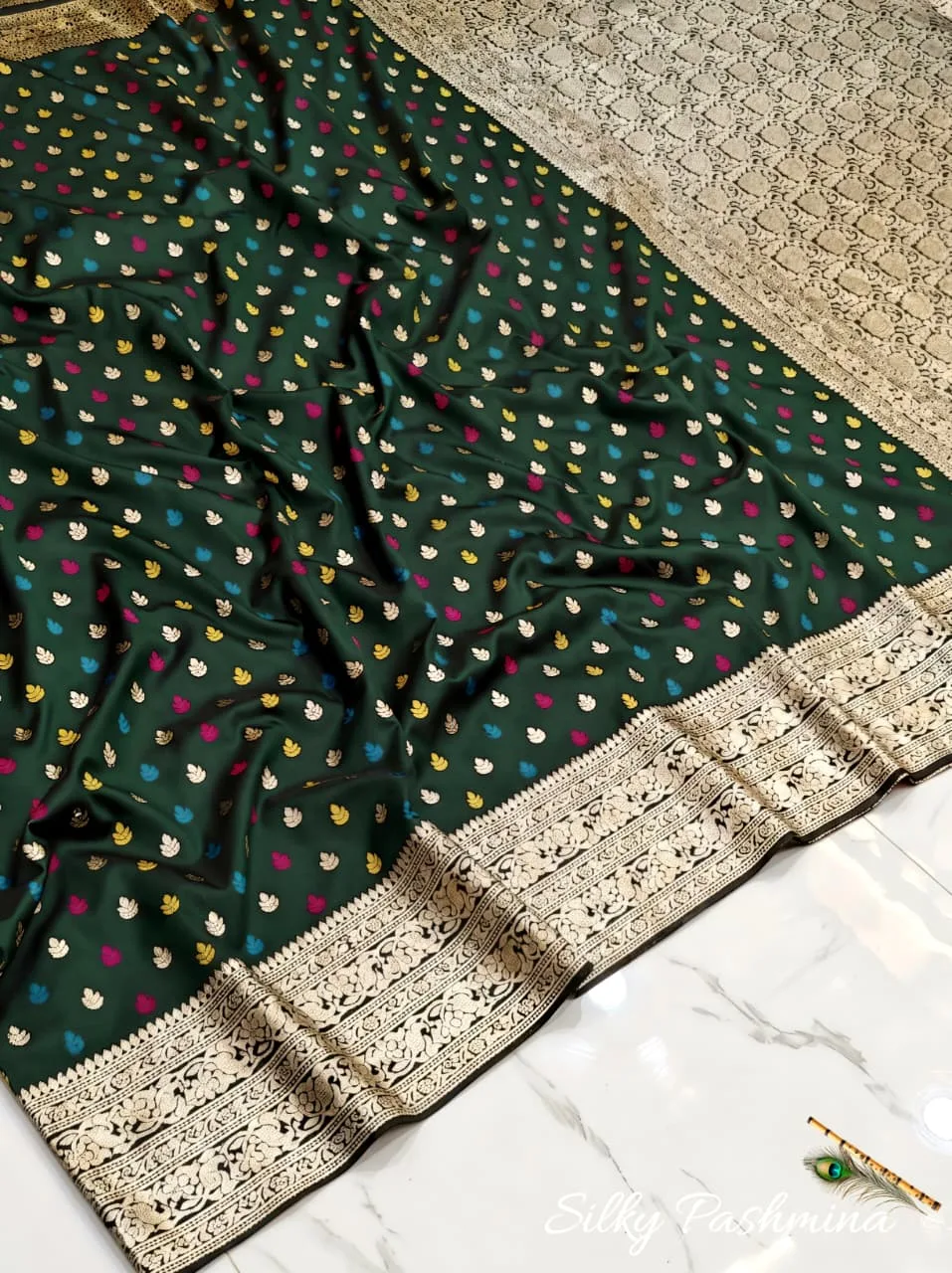 Premium Silky Pashmina with Mina Work - Dark Green