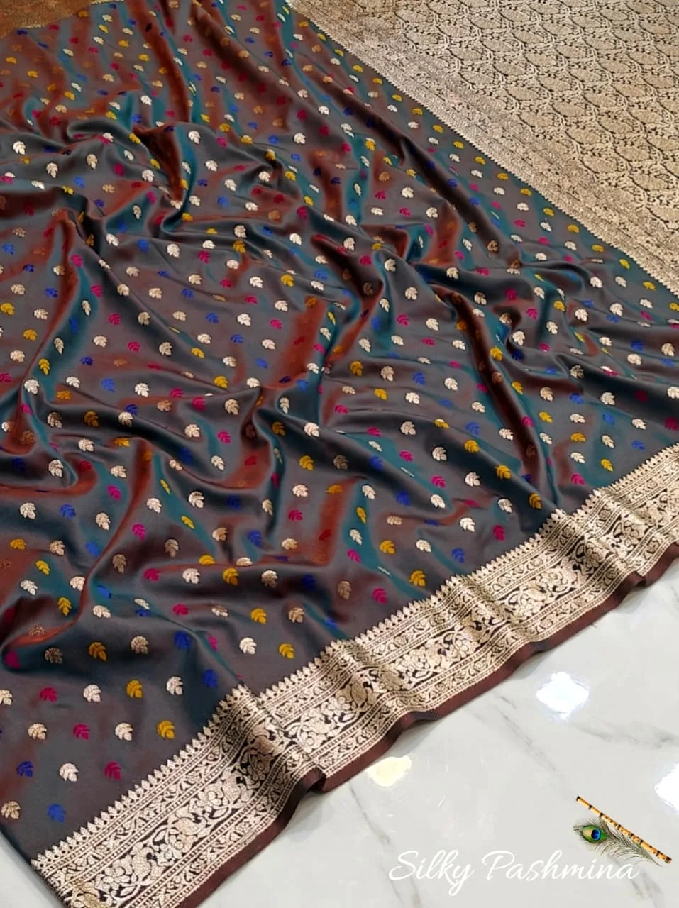 Premium Silky Pashmina with Mina Work - Steel Grey