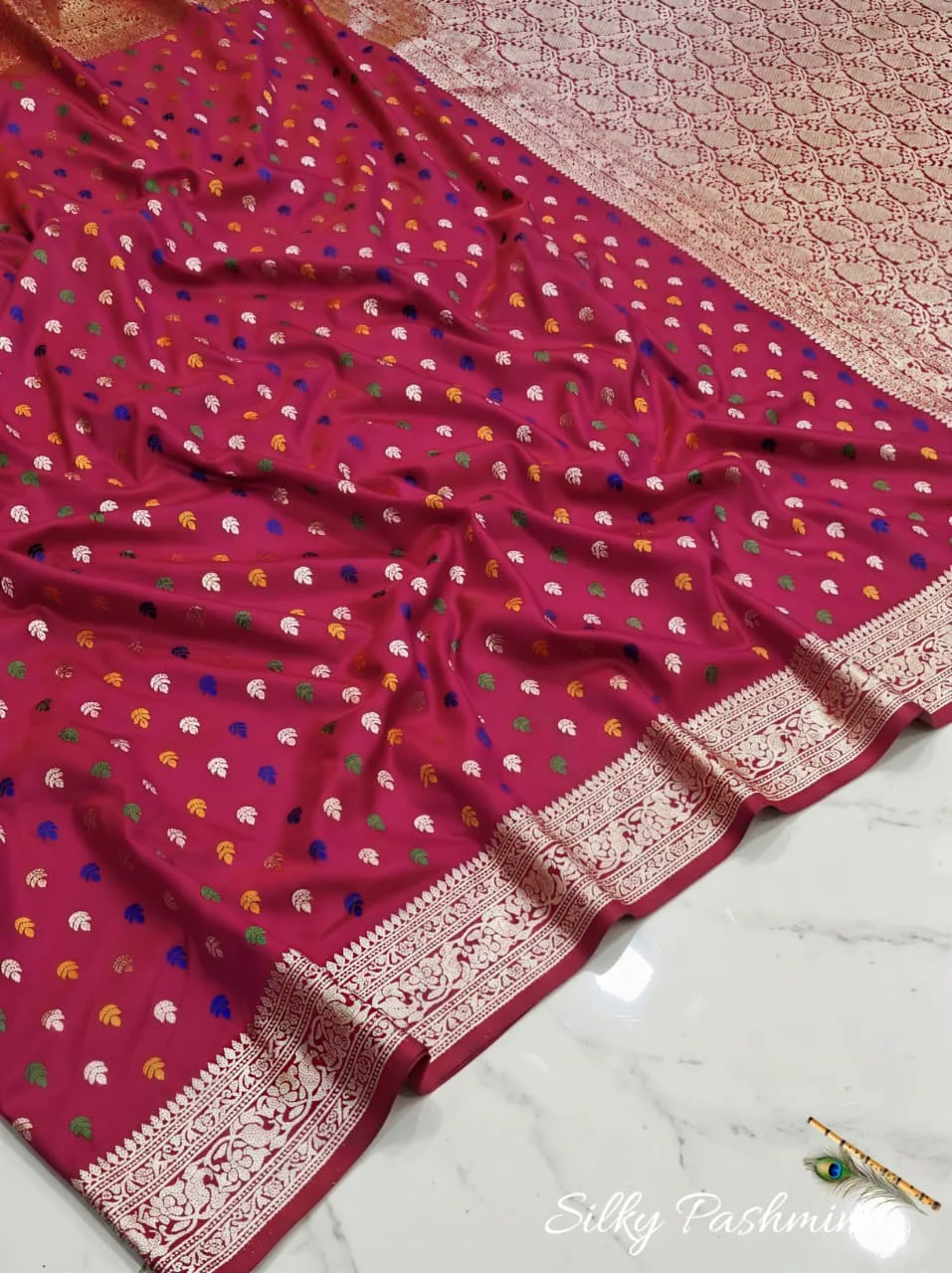 Premium Silky Pashmina with Mina Work - Pinkish Red