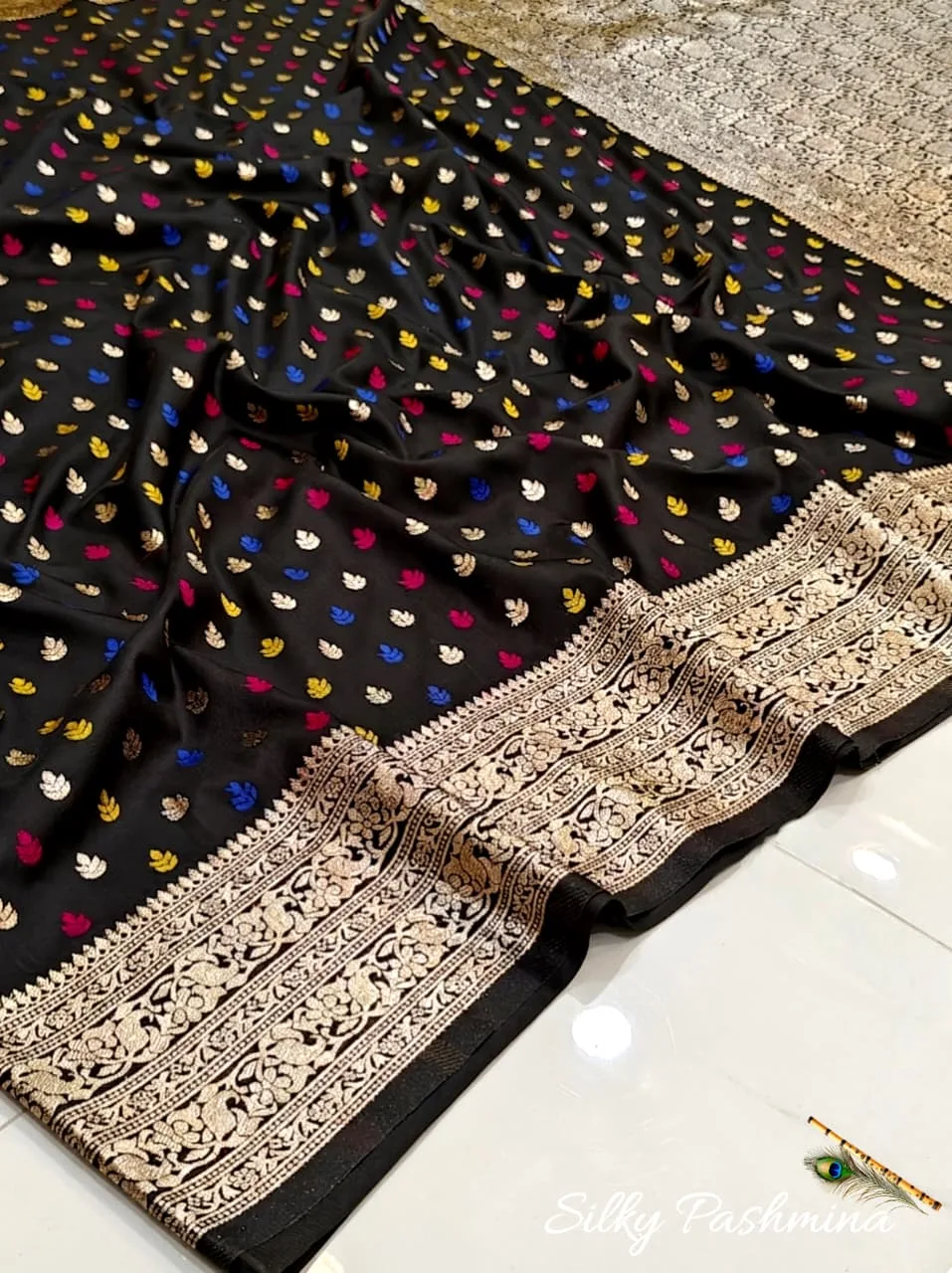 Premium Silky Pashmina with Mina Work - Black