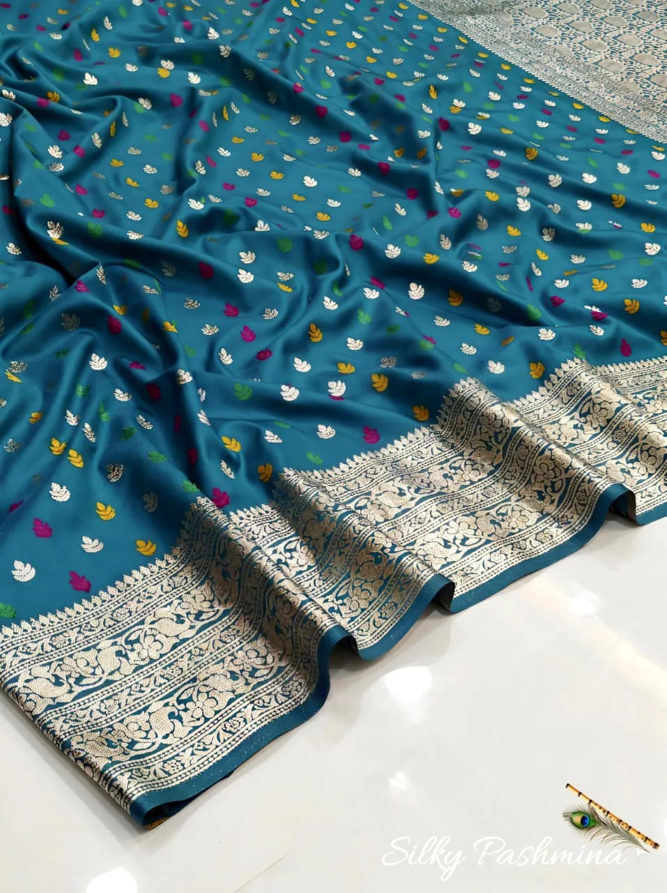 Premium Silky Pashmina with Mina Work - Ocean Green