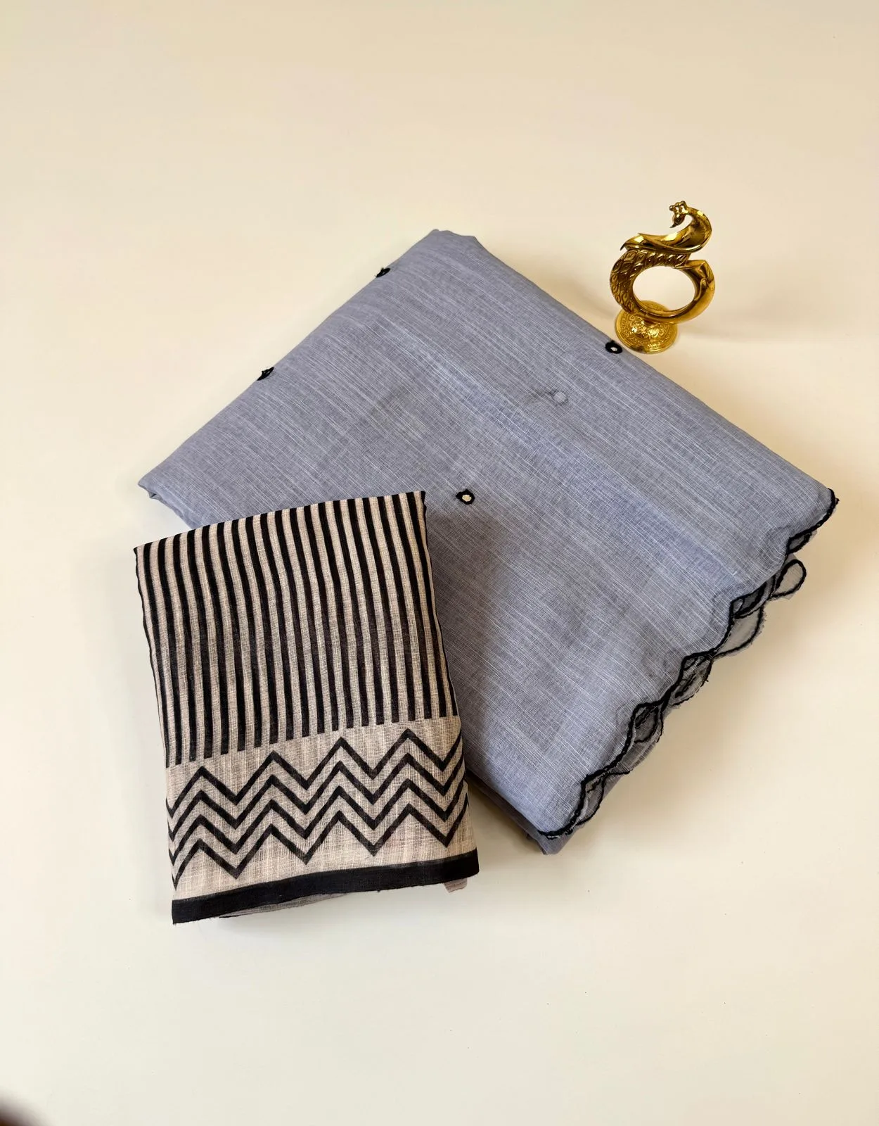 Soft Heavy Linen Cotton Saree with Digital Print & Aari Mirror Work - Grey