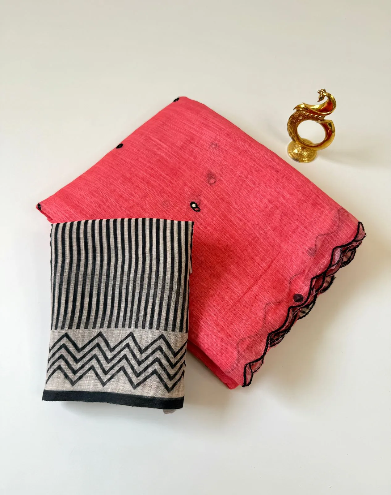 Soft Heavy Linen Cotton Saree with Digital Print & Aari Mirror Work - Peach
