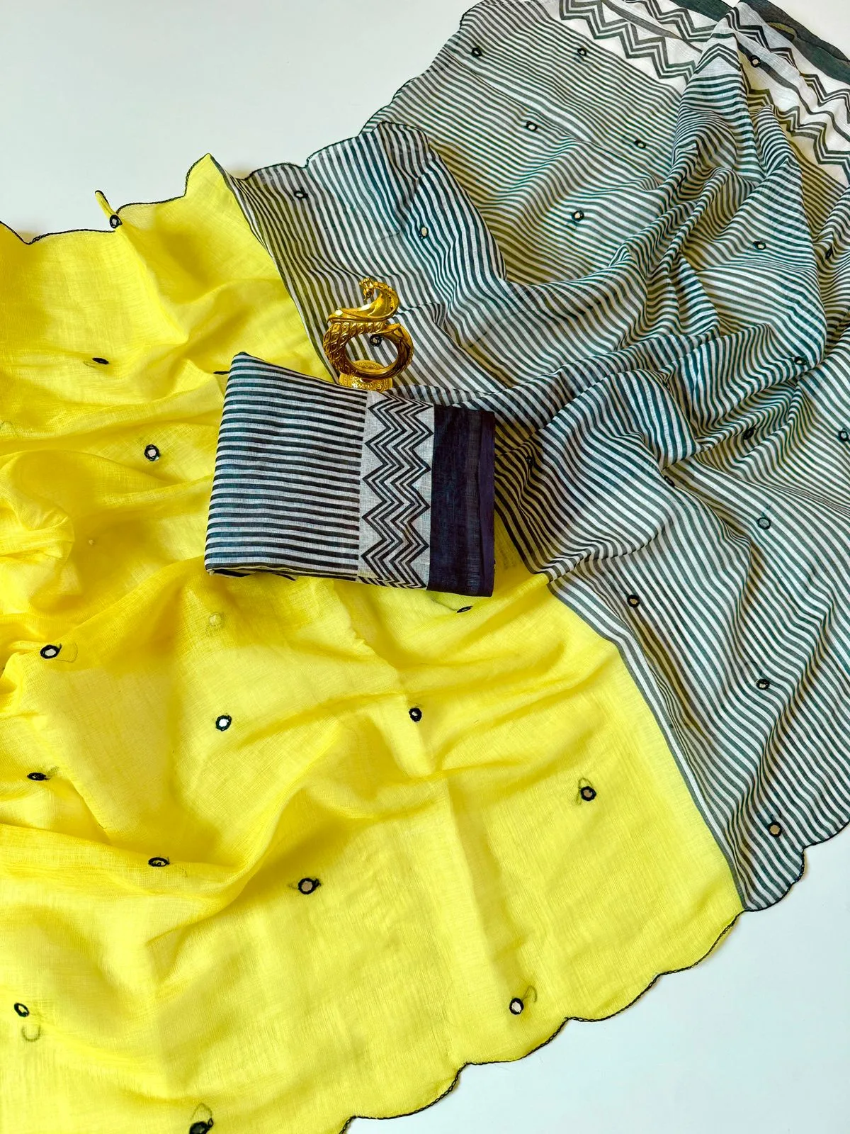 Soft Heavy Linen Cotton Saree with Digital Print & Aari Mirror Work - Yellow