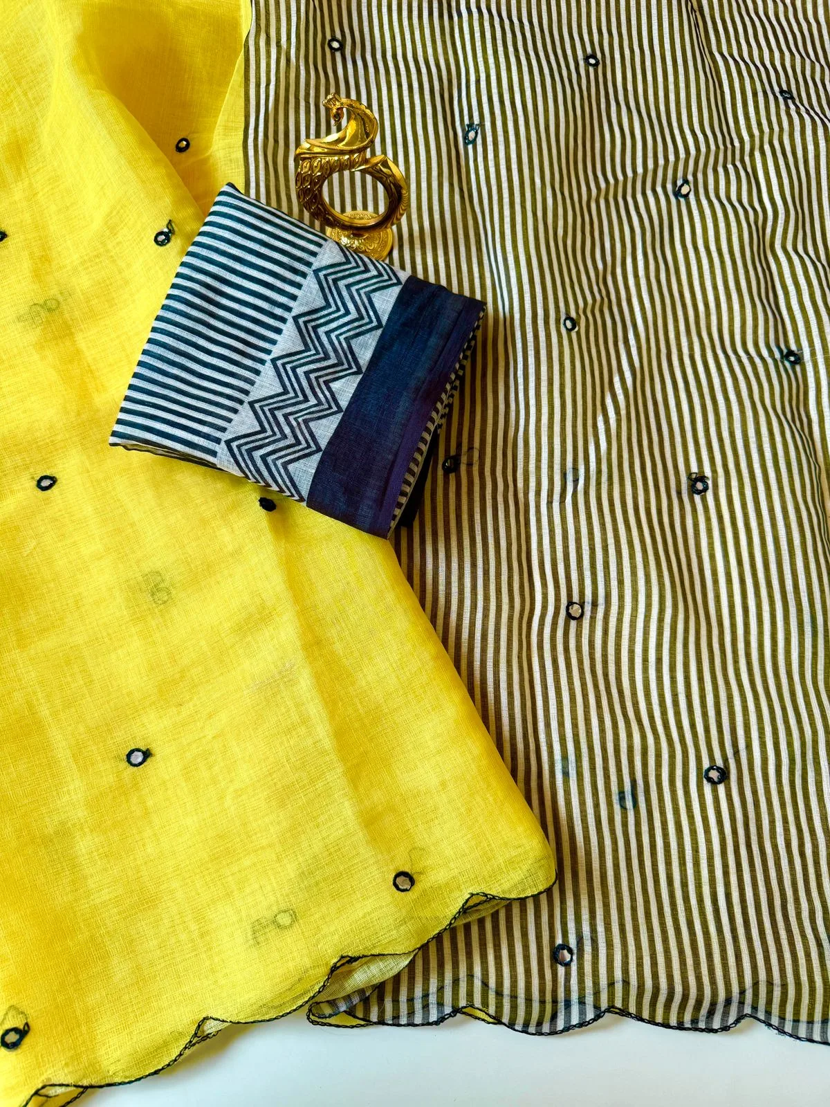 Soft Heavy Linen Cotton Saree with Digital Print & Aari Mirror Work - Yellow
