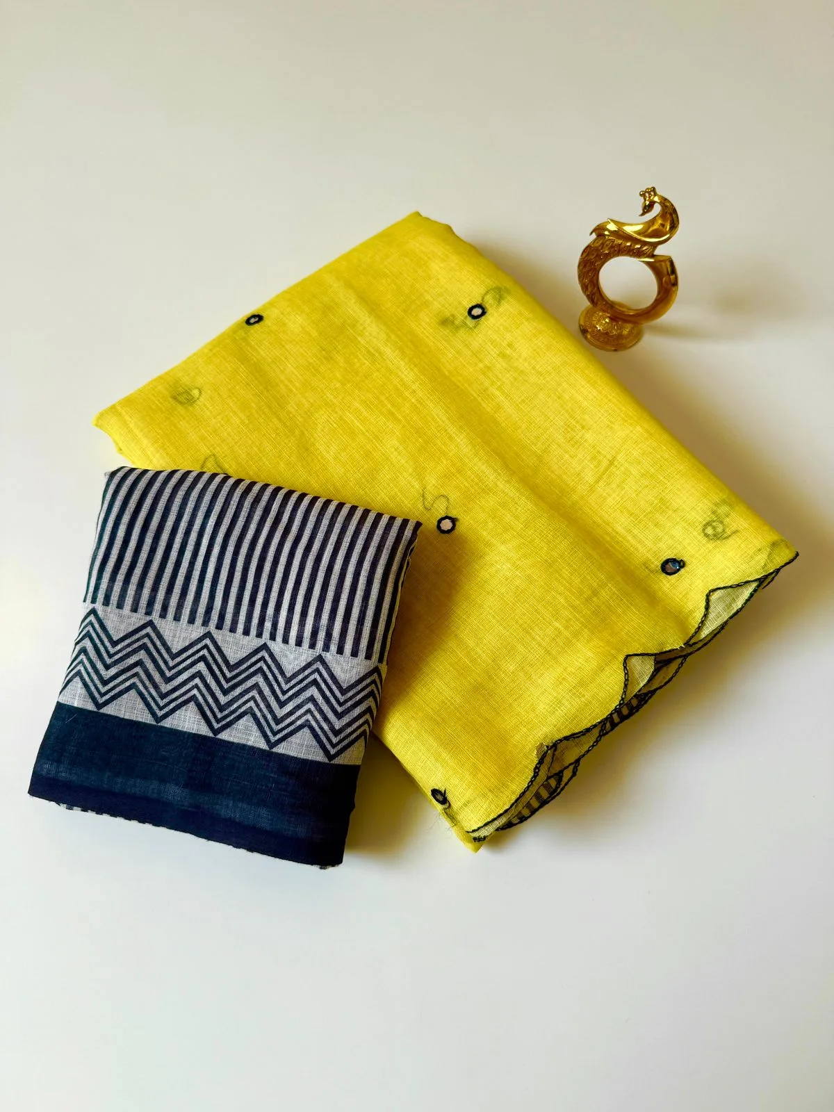 Soft Heavy Linen Cotton Saree with Digital Print & Aari Mirror Work - Yellow