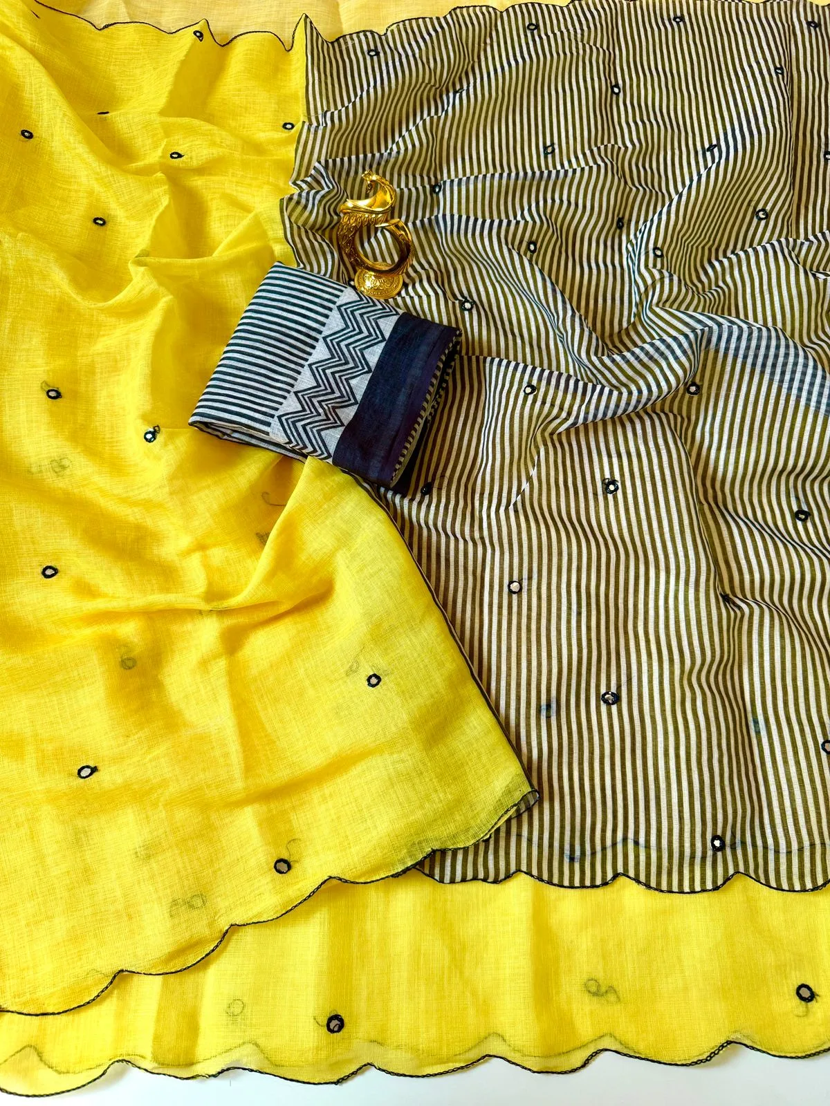 Soft Heavy Linen Cotton Saree with Digital Print & Aari Mirror Work - Yellow