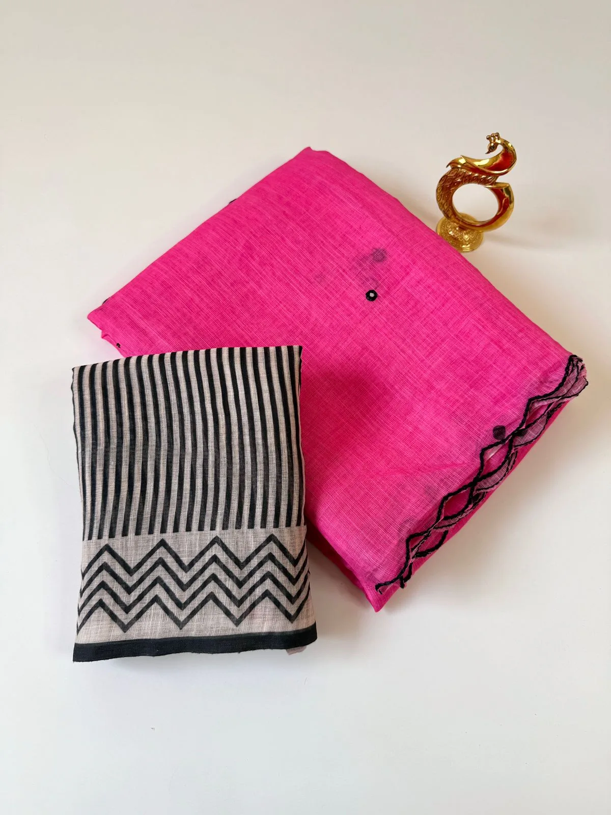 Soft Heavy Linen Cotton Saree with Digital Print & Aari Mirror Work - Pink