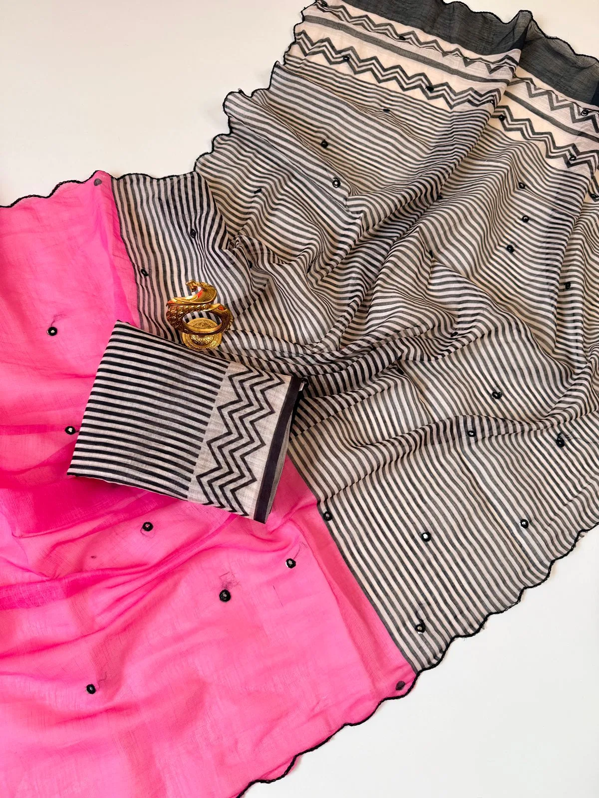 Soft Heavy Linen Cotton Saree with Digital Print & Aari Mirror Work - Pink