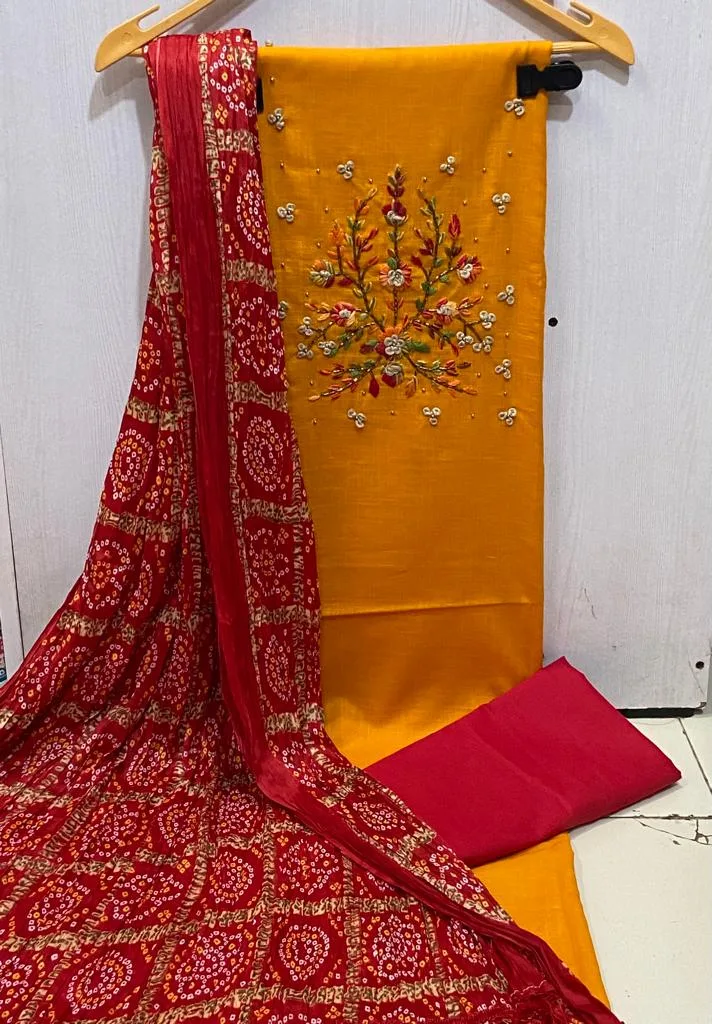 Elegant Cotton Silk Dress Material Collection for Women - Orange with Red Dupatta